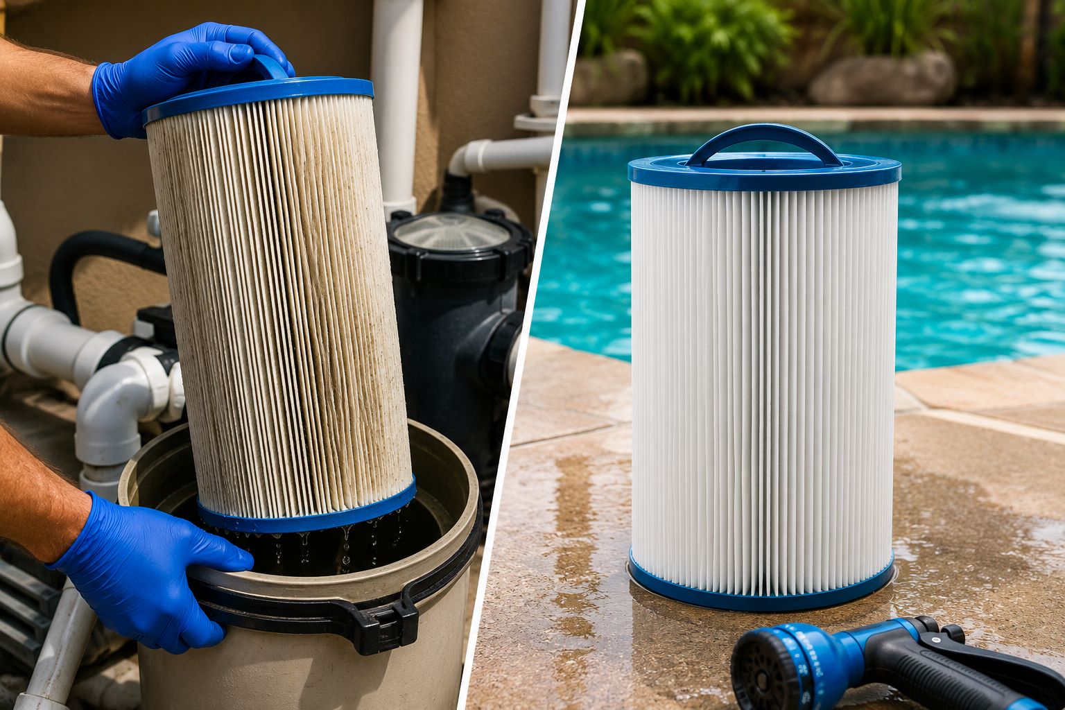 Pool filter equipment being cleaned